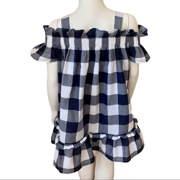 JANIE AND JACK Off-The-Shoulder Gingham Dress 100% Cotton Navy Blue & White Sz 3 - Picture 7 of 16